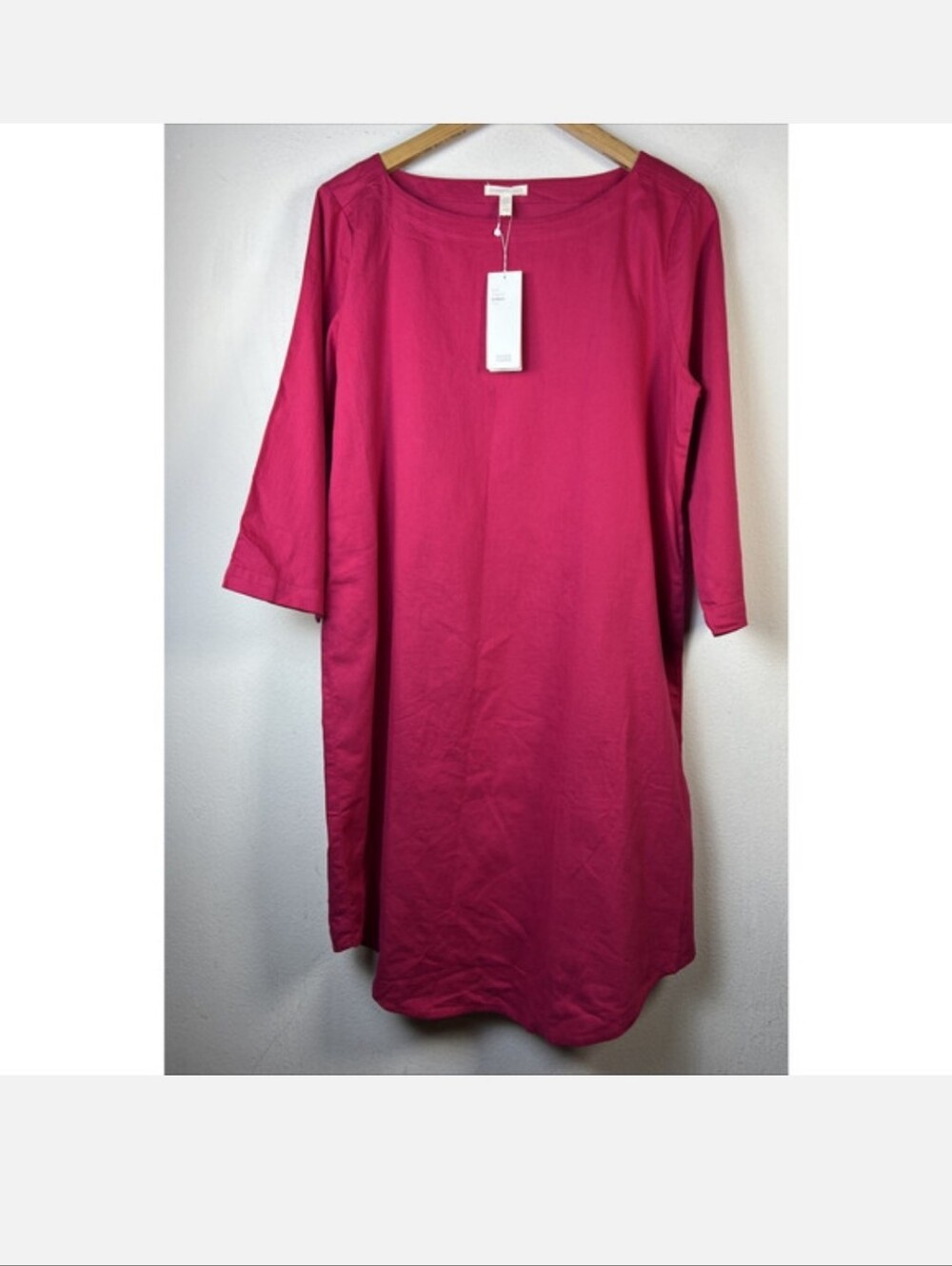 eileen fisher hot pink cotton 3/4 sleeve midi shift dress medium